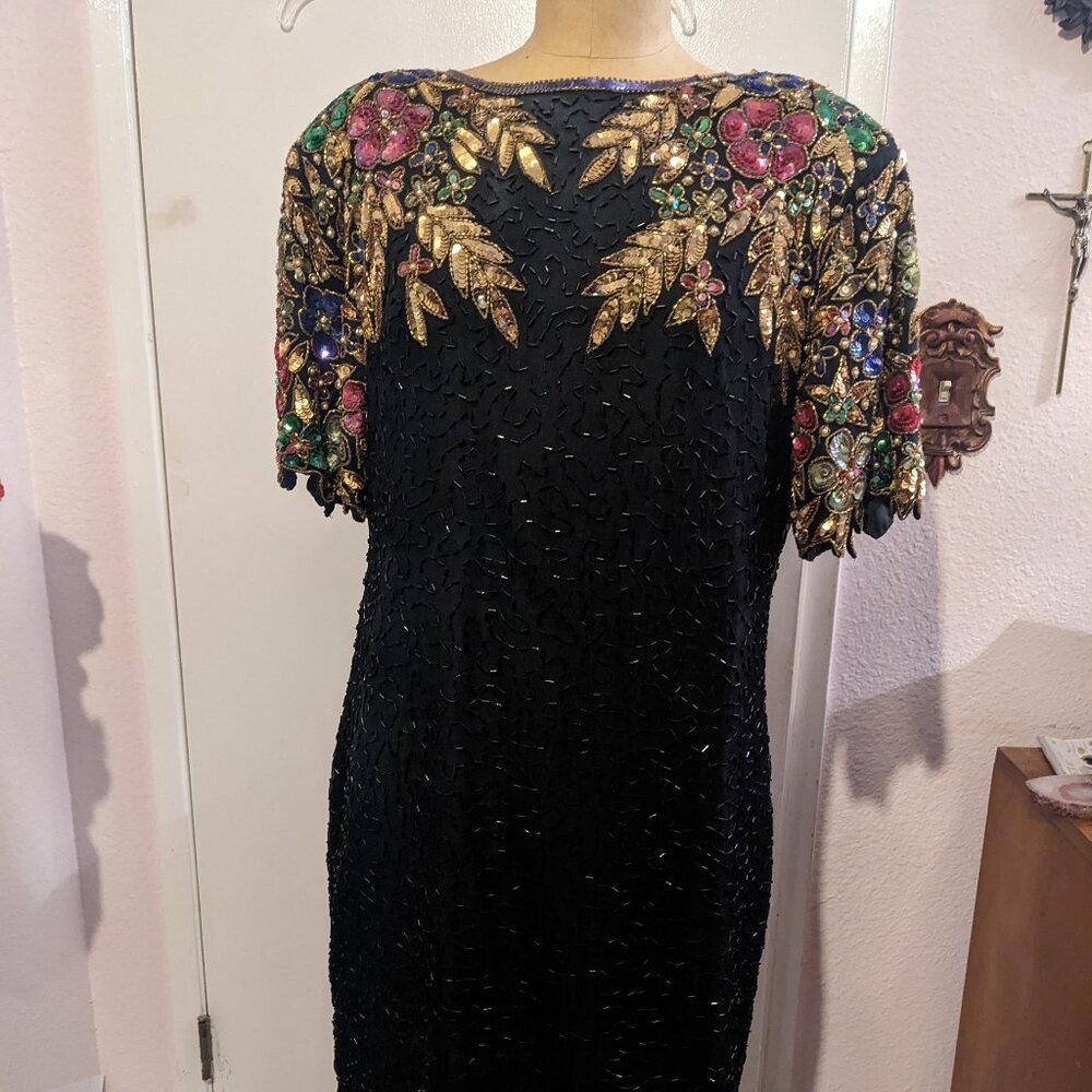 Vintage 80's Stenay Silk Hand Beaded/Sequined Black Dress  - Size 10